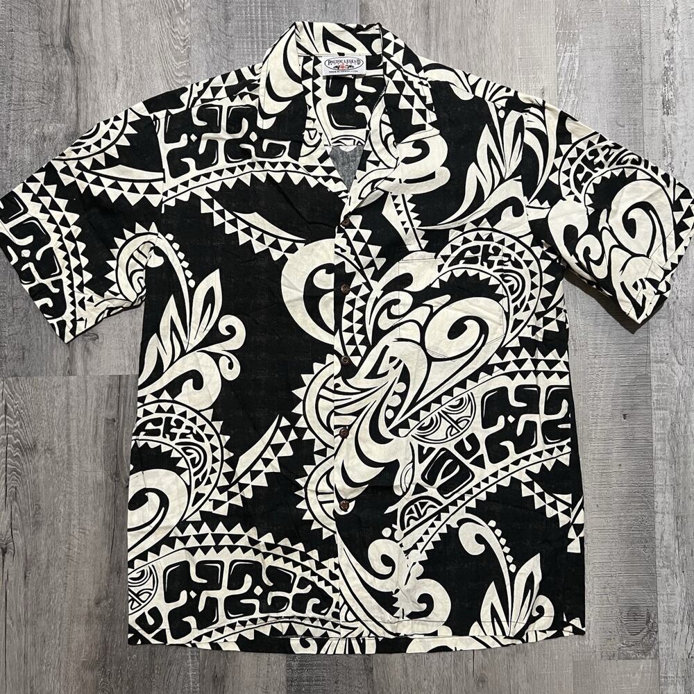 Vtg Pacific Legend Hawaiian Button Up Shirt Black/White Tribal Cotton Camp Large